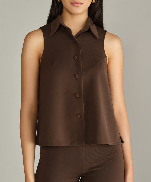 Chocolate Brown Stretch Suiting Sleeveless Top