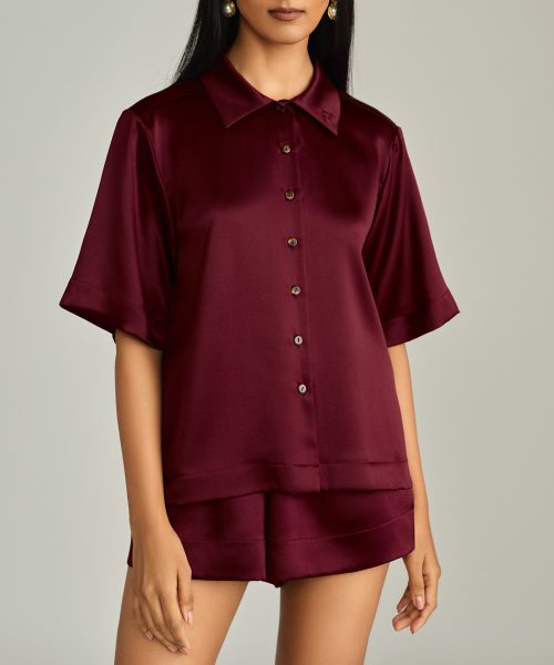 Burgundy Silk Bowling Shirt
